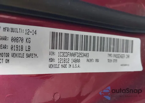 2015 Dodge Dart Se z USA, uszkodzony, nr VIN 1C3CDFAA0FD253403